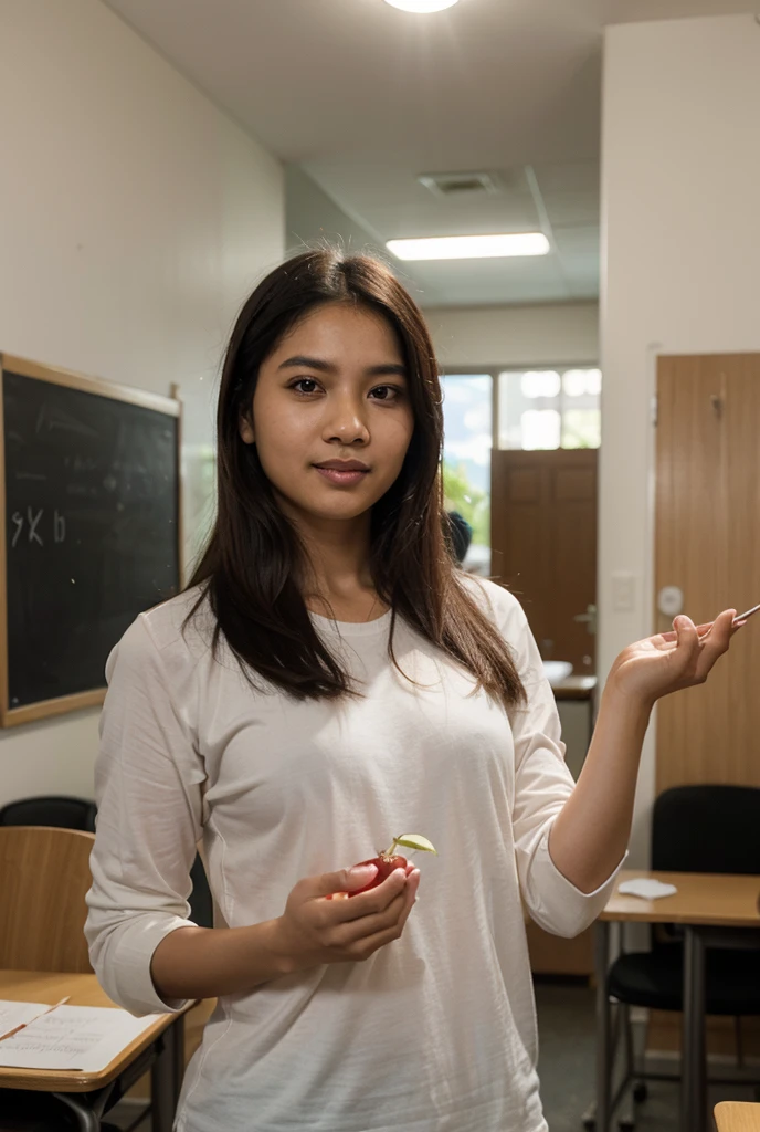 1girl, beautiful girl, (Indonesian_high_school_uniform), Classroom, detailed face, detailed eyes, huge breasts, shiny skin, looking at the audience, clear light, (smiling cute: 1.2), (happy), (8k, RAW photo, best quality, masterpiece: 1.2), (realistic, realistic: 1.37), ultra-high resolution, photorealistic, high resolution, solo, wide muscular hips, realistic face, (detailed face), hyper sexy pose , black hair Color, wide angle, clean armpit, six pack abs, large breasts, full body angle, 15 years young woman, perfect thighs, muscular thighs, muscular arms, standing, wearing very short skirt, wearing shirt, asian goddess, long hair, straight hairstyle, muscular belly, thick wide muscular hips, muscular arms, semi-curvy body, tall body 