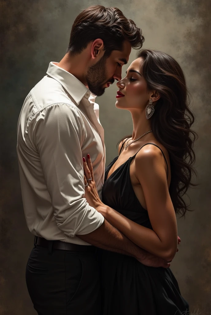 The man in untidy suit holding a beautiful woman in sexy dress in his lap. The man grabbing the woman's chin strongly