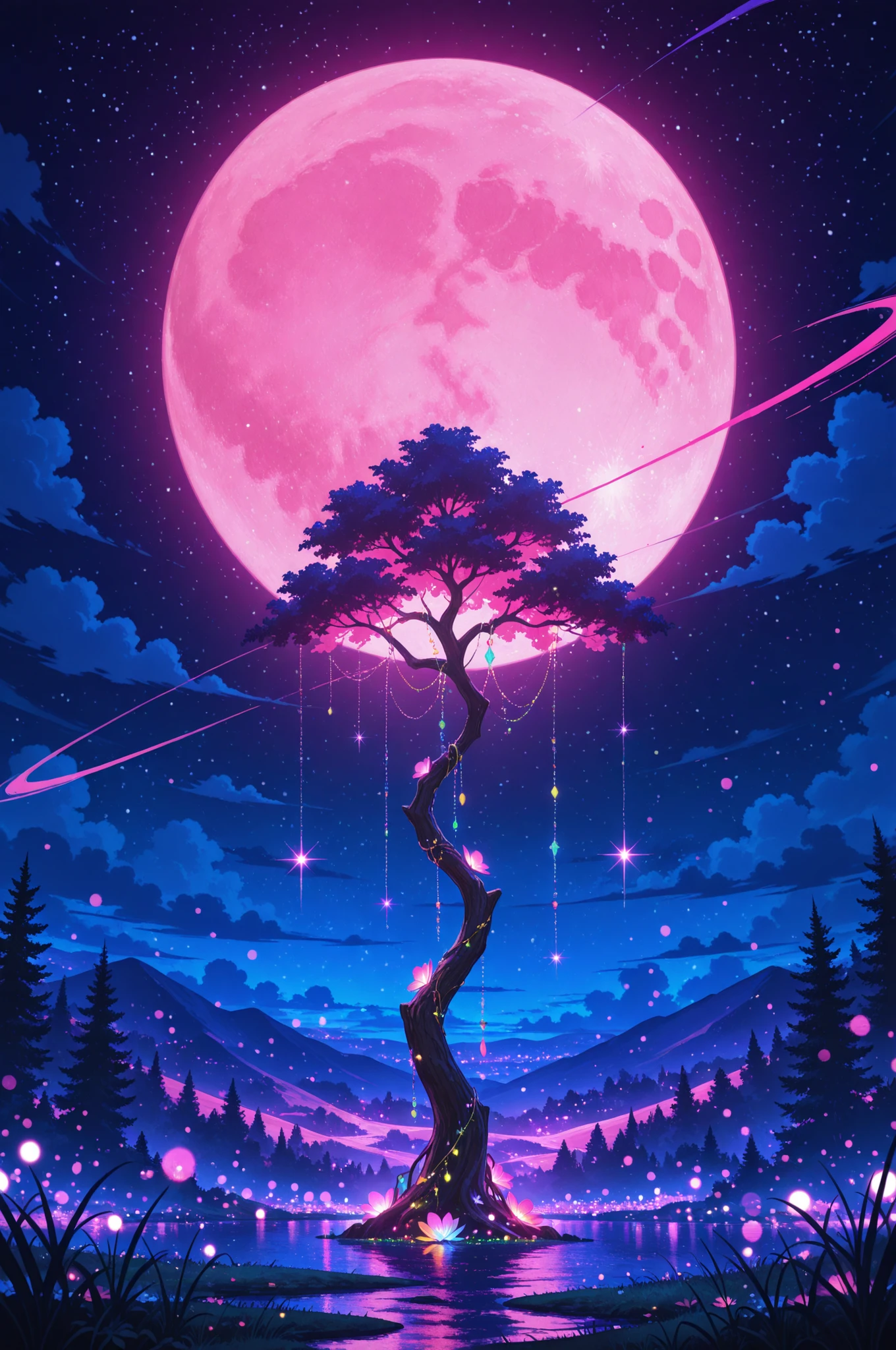 paint (strokes)+, atmosphere, nature scenery, aspect ratio 1:1, raytracing, Bokeh, smooth, (colorful), (detailed complex busy background: 0.8), fantasy flowers, (night:1.4), intricate details, beautiful glitters, flat illustration, detail love, (ultra-detailed), photon mapping, ((intricate details)), (big pink moon),masterpiece, best quality, amazing quality, very aesthetic, absurdres, newest, highly detailed,high-resolution,