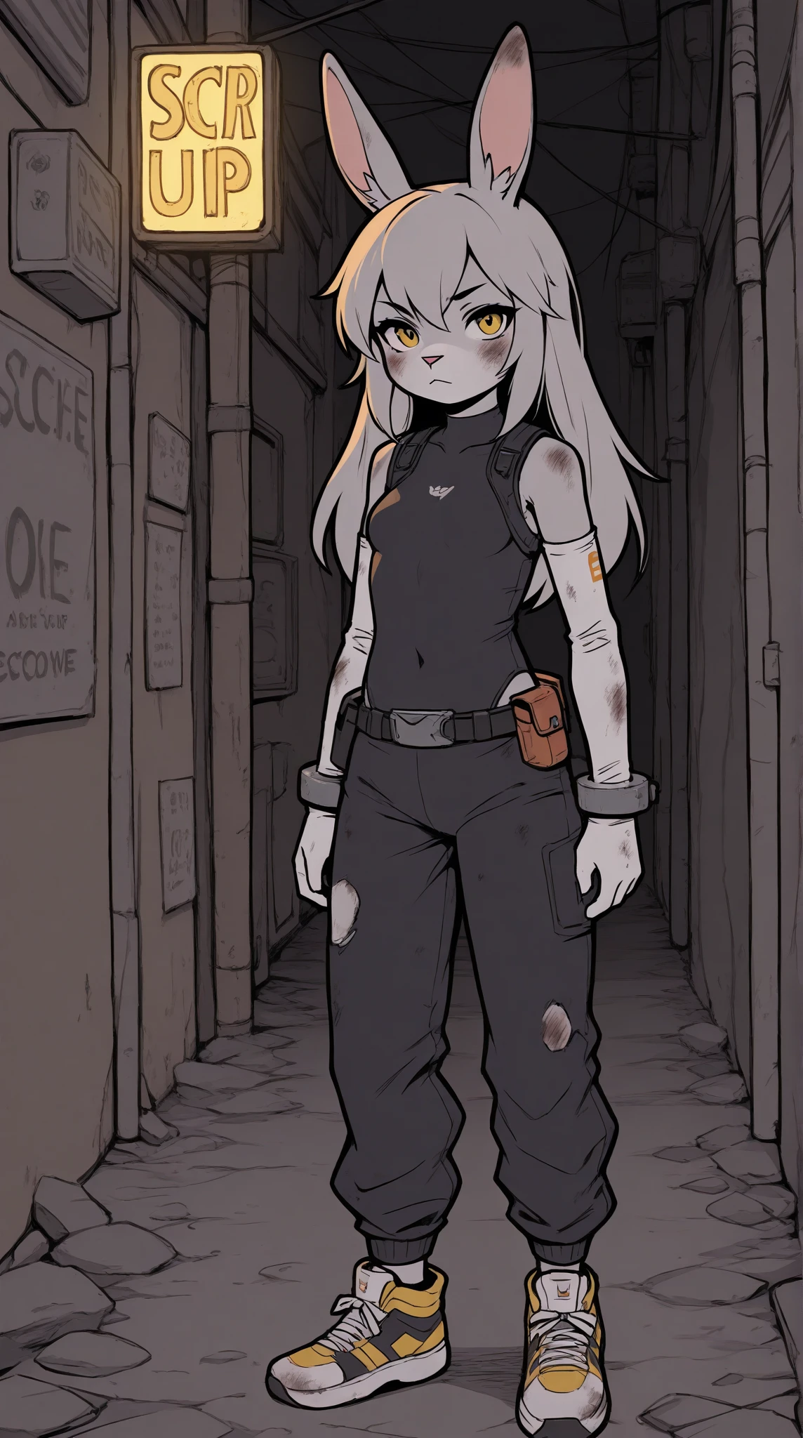 score_9,score_8_up,score_7_up,score_6_up,score_5_up,score_4_up,source_furry,furry,anthro,detailed face eyes and white fur, femboy, white rabbit, white long hair, dirty alley, neon signs, neon light. looking at viewer, small breasts, blue and yellow eyes. elbow-length gloves, in cuffed pants, sneakers, bodysuit, grey fur. Full body. Flat color.