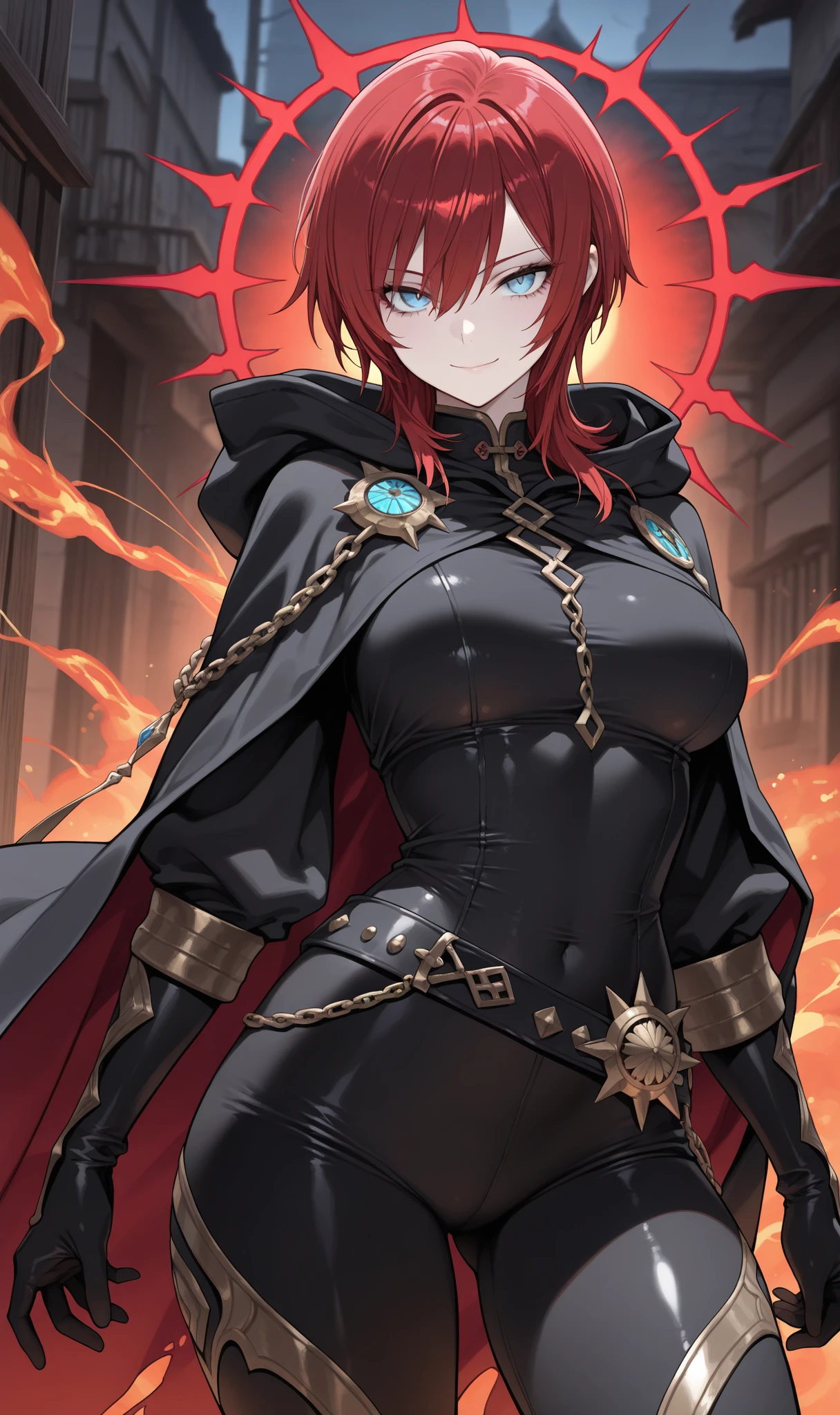 Anime Art、Full body portrait、Thieves in the fantasy world、A dark-skinned woman, around 160cm tall and around 38 years old, wearing a black hooded cloak, breastplate and shorts, crouching with a knife in her hand、Short red hair、Smiling invincibly、Flat chest、gloves、boots