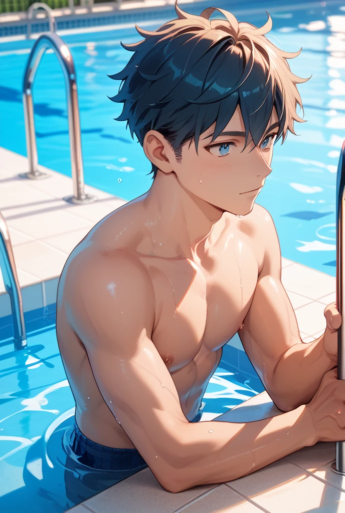 a young man swimming at the bottom of the pool, many small fishes, 25 years old, pubic hair, detailed skin, delicate body, masterpiece, best quality, Top Quality, High quality, 