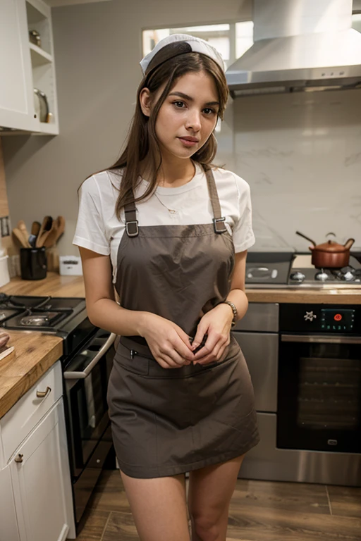 (Best quality, 8k, masterpiece: 1.3), a beautiful woman with perfect figure: 1.4, dark brown hair, wearing a pendant, wearing an apron, in the kitchen, highly detailed face and skin, detailed eyes, double eyelids
