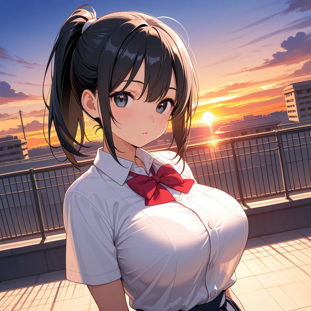 masterpiece, best quality, <lora:misumirin-nvwls-v1-000008:0.8> misumirin, low ponytail, hair ribbon, serafuku, long sleeves, white shirt, blue skirt, (huge breasts:0.9), profile, blush, hand on own chest, sunset, cityscape