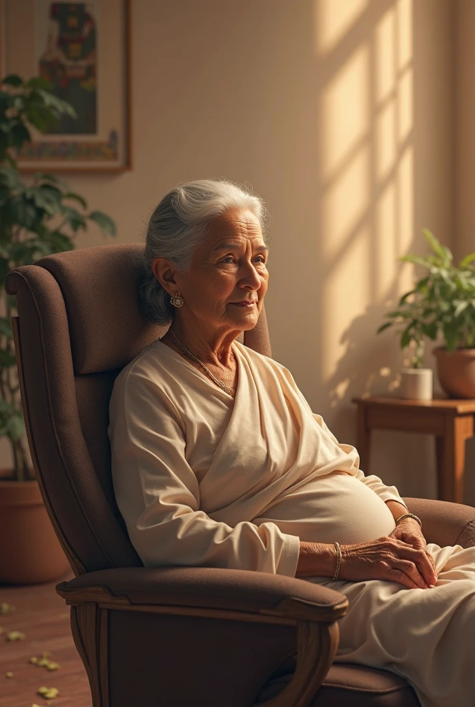 80 year old old woman,sonrriente,with sleeping gown, sitting in a lounge chair in a large garden with a small table on which there is breakfast, a vase with violets, in a dawn atmosphere