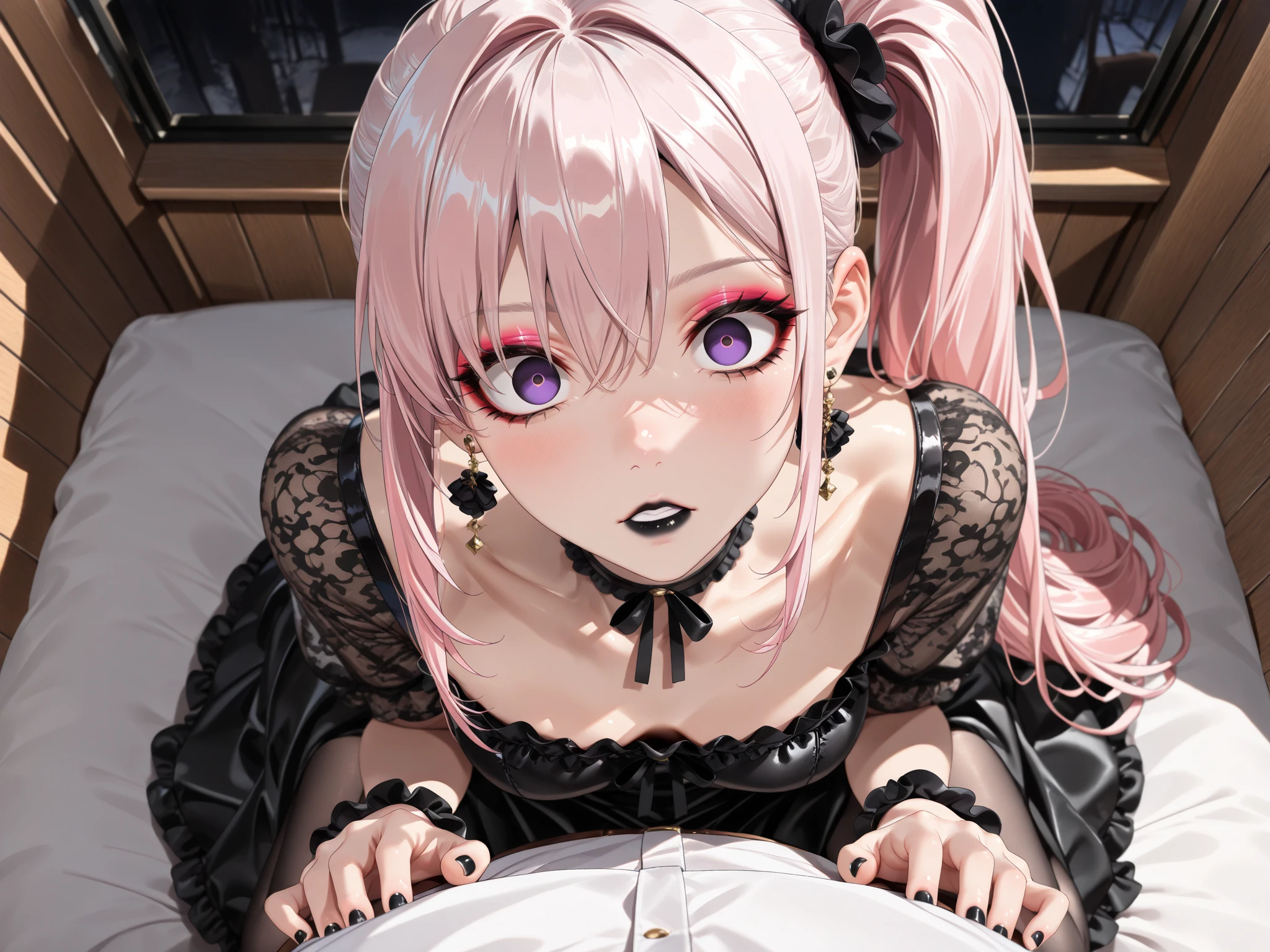 ((masterpiece)), (((best quality))), ((ultra-detailed)), beautiful detailed eyes, illustration, <lora:Mizuki_Akiyama_ver4-15:0.7>, Mizuki, (side_ponytail+one_side_up+black_ribbon), faint_light_pink_hair, faint_light_pink_eyes, lying, maid, blue_colored_frill_dress, lying on the bed, (whole body) K