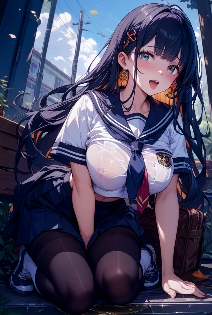 Night Park、high school girl、I'm surprised with my mouth open、Flustered expression、、Large Breasts、Black bob hair、hairpin、Skirt flipped up by the wind、Hands near skirt、White frilly panties、Suppress the man juice crotch、patience、Onlookers near the girl、