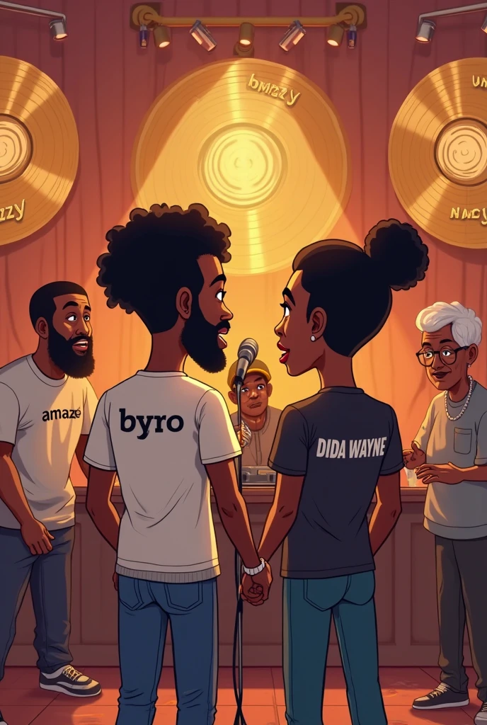 (photorealism:1.2), black man, standing, wearing a white T-shirt with DONSON14 WRITE ON it, pants, short hair, , soft lighting, YouTube in the background, with two beautiful woman standing, singing with two man playing guitar with a black woman with long her naked and put his hands to cover his naked body, relaxed pose, realistic, intricate details, warm colors, by Greg Rutkowski, by Alphonse Mucha