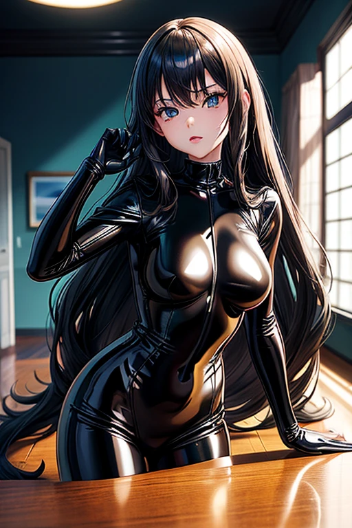 realistic, 1girl, long black hair, blue purplish eyes, bunny suit , pantyhose, blush,
