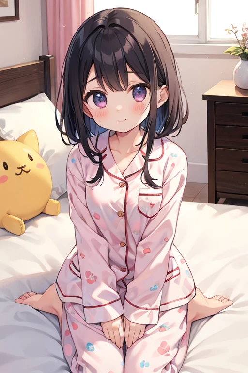 masterpiece、highest quality、High resolution、Very detailed、Medium wide shot、Cowboy Shot、Girl、morning、Waking up、wake up、Lying hair、Bouncy hair、((Sleepy eyes))、Close your mouth、波状Mouth、～Mouth、pajamas、Are standing、Cute character printed clothes、