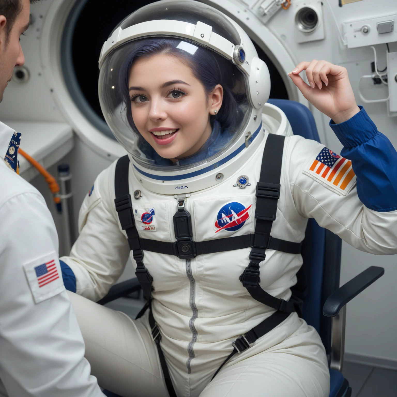 medium shot, <lora:valn:1>, realistic photo of valn woman, slim, (busty:0.5), wearing a cosmonaut space suit, in outer space, astro background, smiling, looking at the camera, (sharp focus, highly detailed, 4k, 8k, best quality, masterpiece, ultra highres:1)