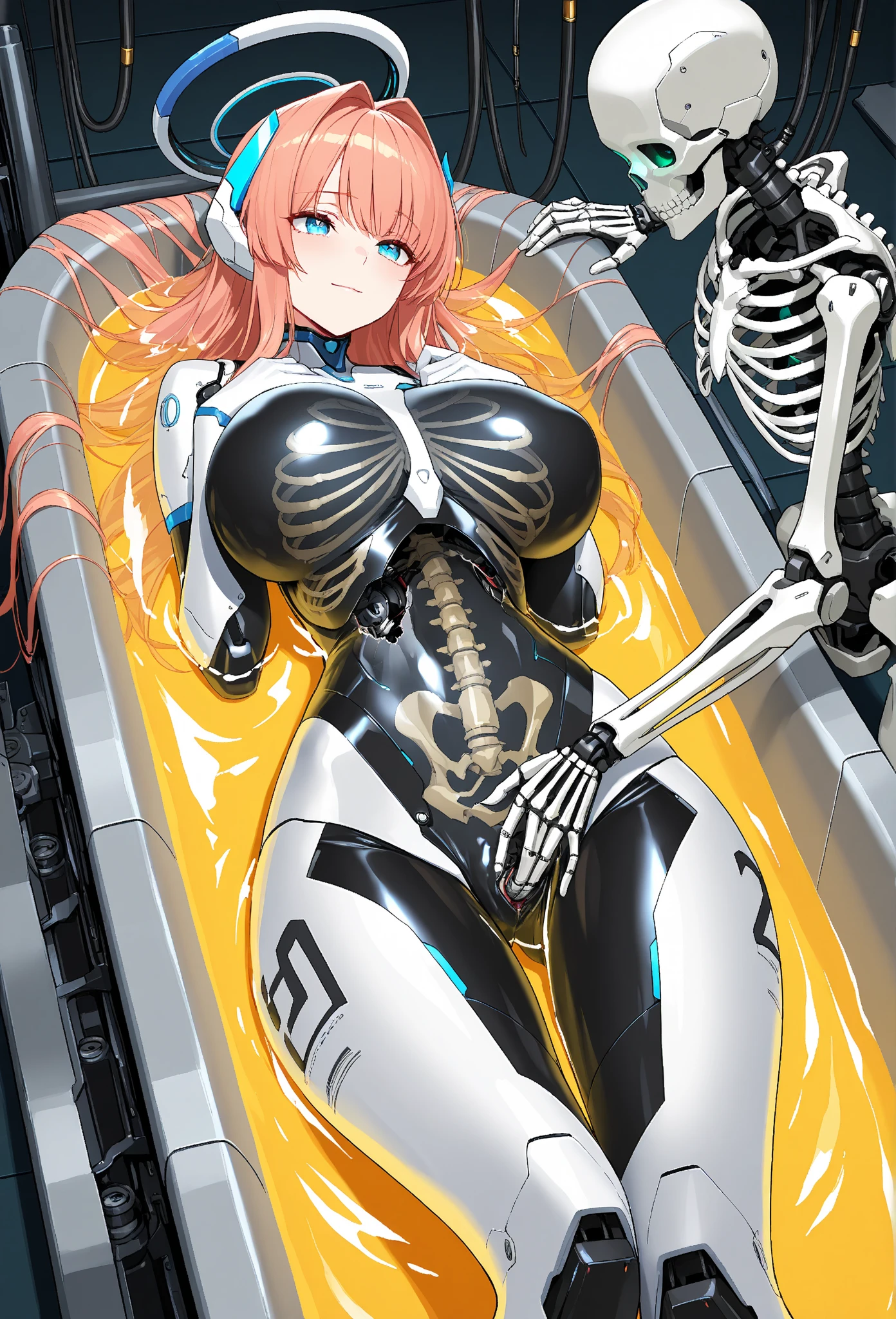 Generates an image of a girl-like android made up of a large amount of cables and wires、extremely delicate and beautiful、the detailed images、life-like、((The abdomen has been torn open, exposing large amounts of cables and wires..:1.5)).、Cables and wires connected throughout the body、Cables and wires are connected to the head、A tube is attached to the lower abdomen、Robotic parts inside the body visible through translucent skin、she is connected to the whole world network、Appearance of a beautiful girl、sitting on、Hollow eyes、Open mouth、Leaning back、Facing up:1.4、