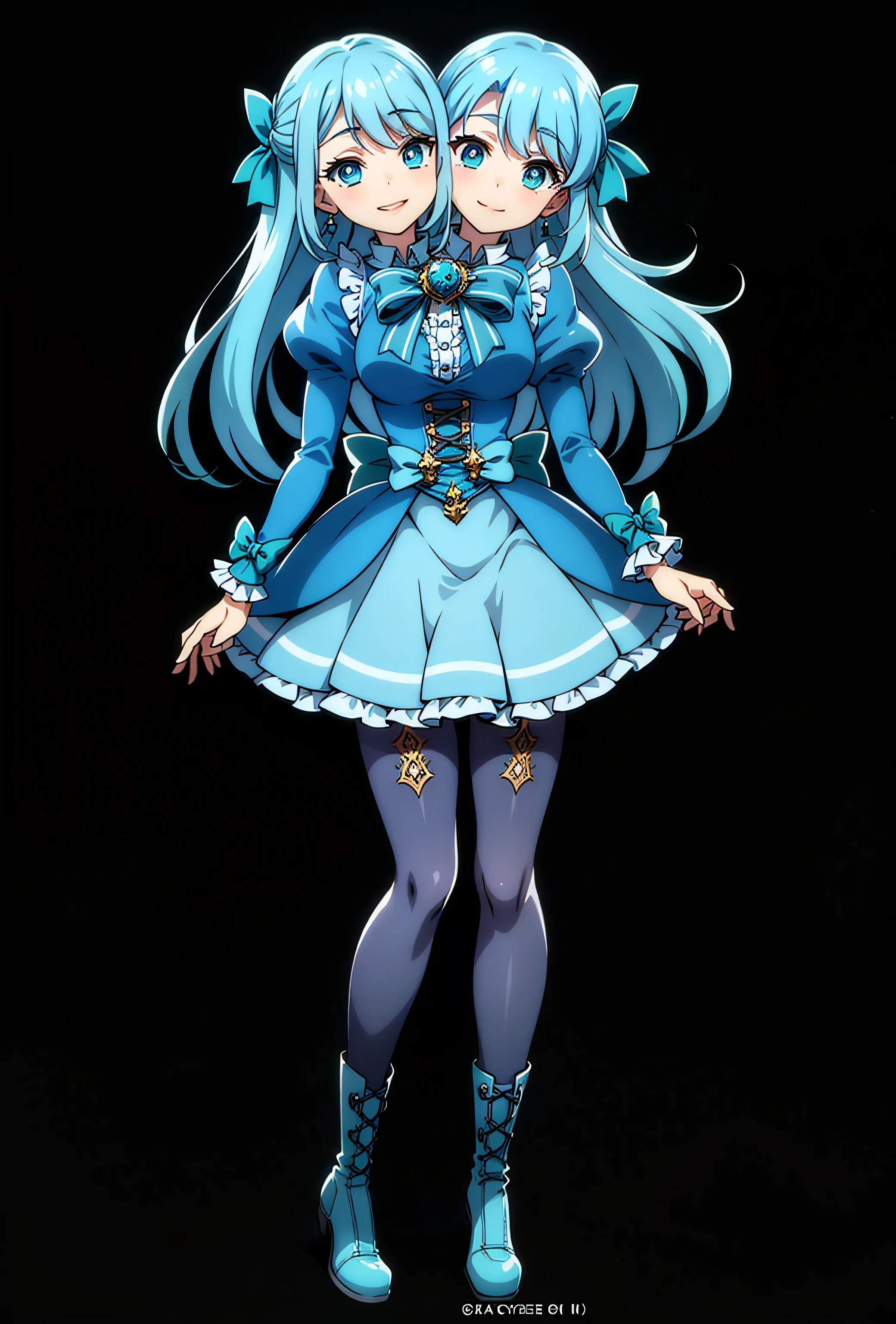 ((best quality), (high quality), (detailed), (masterpiece), good artist, 1girl, (2heads:1.5), ((long waist-length aqua blue hair:1.5)), ((long hair:1.5)),((frilly sky blue and cyan dress with a large waist ribbon)), (a lace-up bodice with a large chest bow1.:0), overlong sleeves and a skirt ornamented with bows, (over layers of petticoats), ((dark cyan tights:1.5)), and (sky-blue lace-up boots with cyan bow ornaments), ((small chest)), ((full body)), gentle smile, detailed pupils