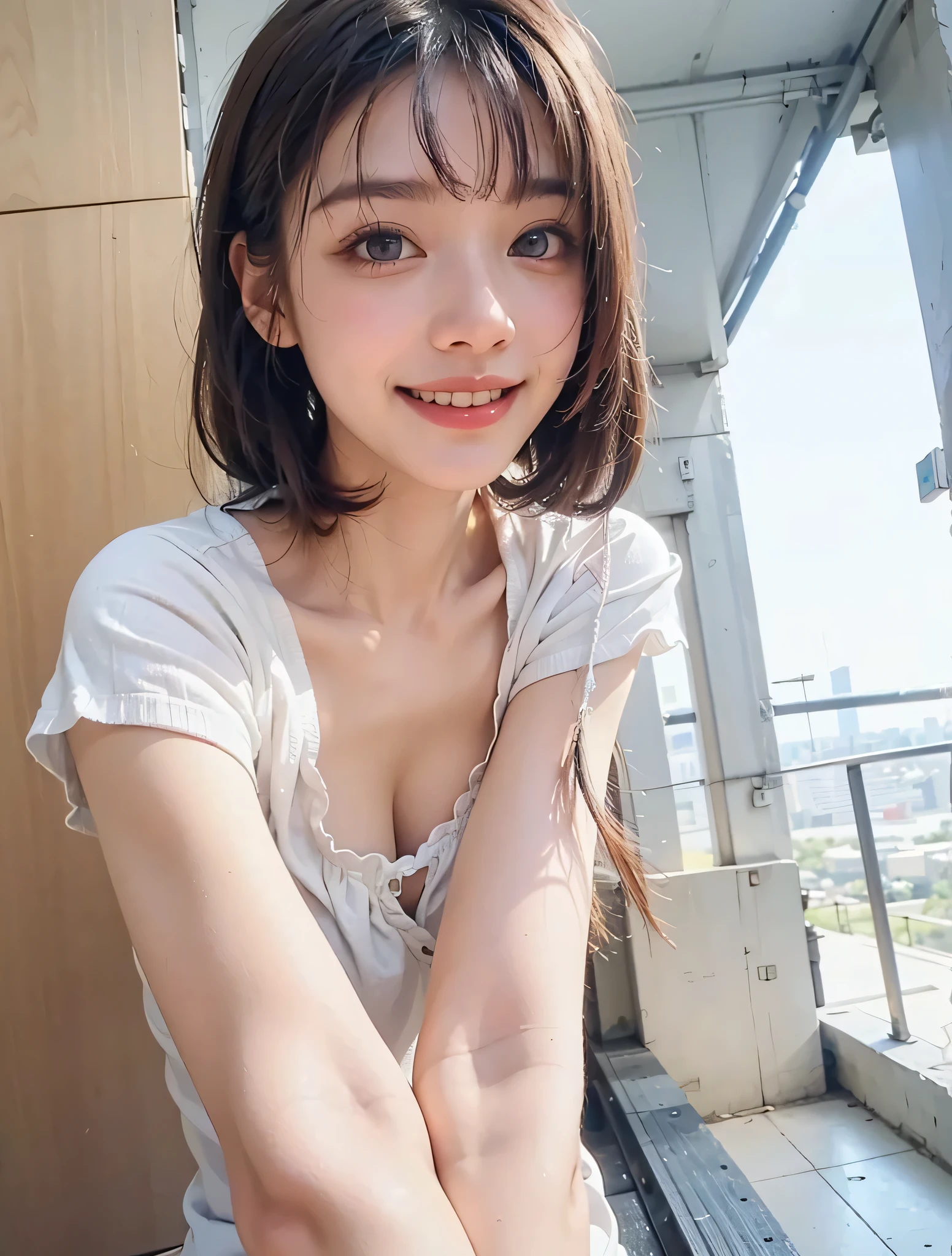 masterpiece, best quality, ultra high res, ultra detailed, sharp focus, 1girl, 独奏, a stunning pretty and beautiful Japanese sexy model, 19yo, looking at viewer:1.3, (bright smile:0.6), wearing a (blouse), dusk, sunset, night, realistic, Slender, (standing:1.1), (looking at the viewer:1.3), sexy gaze, blush, (upper body shot:1.6), medium hair, messy hair, asymmetrical bangs, light brown hair, messy hair style, ((Pure white camisole、Hands behind head、smile、Light clothing))、((underwear, race))