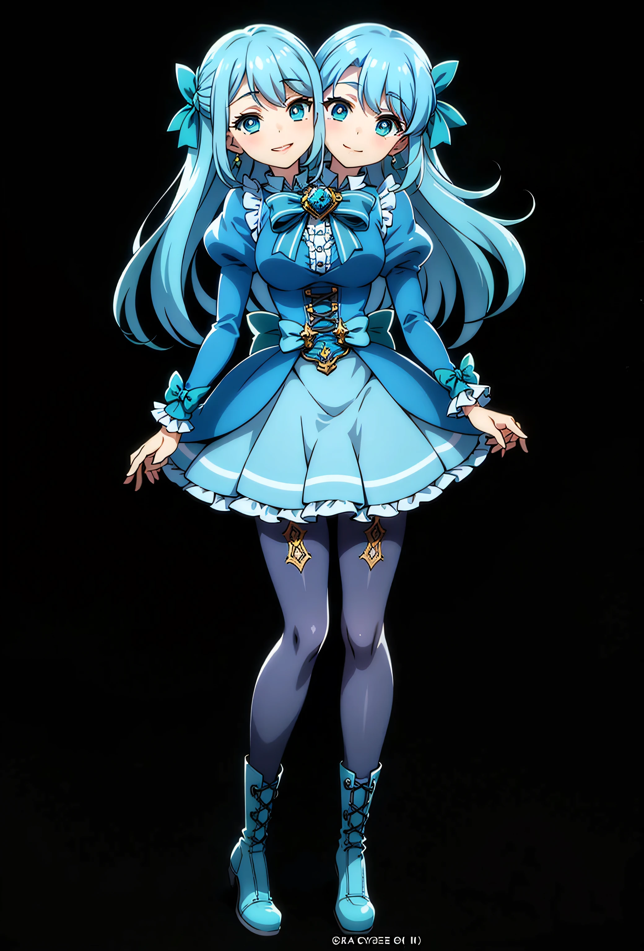 ((best quality), (high quality), (detailed), (masterpiece), good artist, 1girl, (2heads:1.5), ((long waist-length aqua blue hair:1.5)), ((long hair:1.5)),((frilly sky blue and cyan dress with a large waist ribbon)), (a lace-up bodice with a large chest bow1.:0), overlong sleeves and a skirt ornamented with bows, (over layers of petticoats), ((dark cyan tights:1.5)), and (sky-blue lace-up boots with cyan bow ornaments), ((small chest)), ((full body)), gentle smile, detailed pupils
