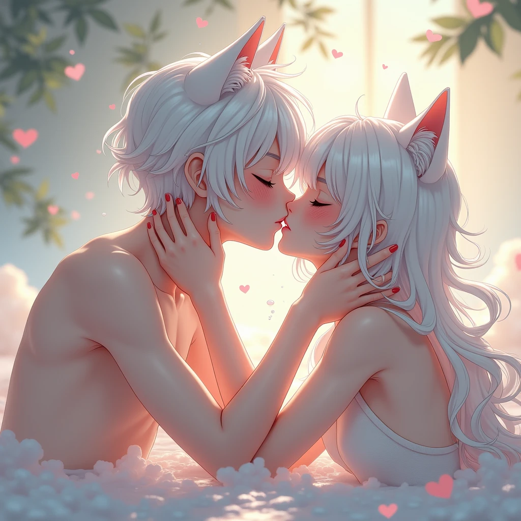 (2 people, 1girl, 1boy, beautiful detailed eyes, beautiful detailed lips, extremely detailed eyes and face, longeyelashes, pink hair, blue eyes, fox ears, short white hair, red eyes, fox ears, kissing, nudity)