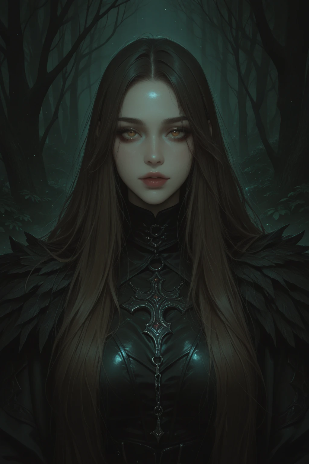A woman with a necklace in a dark forest, elegant cinematic fantasy art, epic fantasy digital art style, fantasy concept art portrait, Dark fantasy style art, 4k fantasy art, Symmetrical epic fantasy art, epic fantasy art portrait, Fantasy Art Behance, hyperdetailed fantasy character, epic fantasy art style, detailed matte fantasy portrait