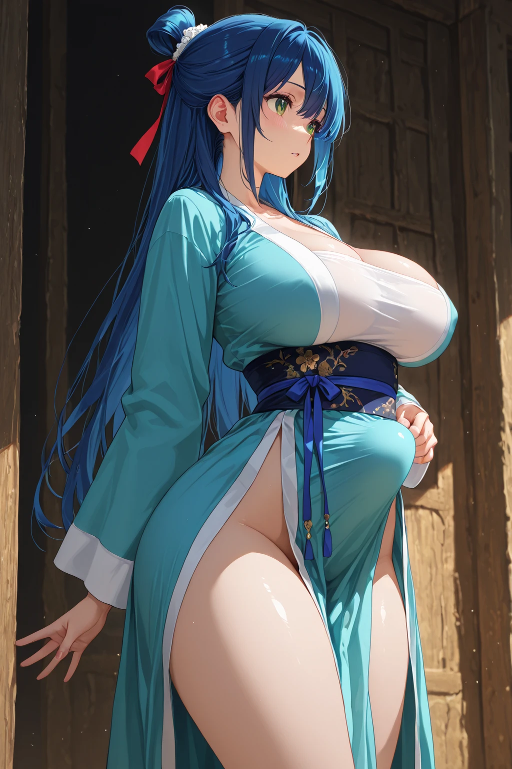 high quality, masterpiece, (photographrealistic:1.4), 8K,  big chest, Seductive Anime woman, oppai proportions, beautiful anime woman, Photorealistic, perfect body, Realistic lady, Voluptuous body, curvy body, Naughty anime style, plump, Erotic cartoon style body, Married woman's big ass, sexy of a married woman, Married woman atmosphere, mamma size, gigantic breasts, colossal breasts, ((smile)), (abdominals:1.4), doroppy breasts, 27-year-old, sexy, chinese queen costume, Pear Blossom Princess, wearing kimono, cleavage, blue hair, like a heavenly maiden,