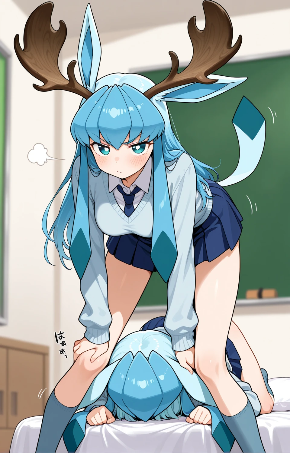score_9, score_8_up, score_7_up, masterpiece,by syuro, by dagasi,furry, anthro, pad, 1 futanari, 1 girl, blush.hetero,1 lop rabbit girl, girl, lop rabbit girl, blue fur, female, anthro, furry,small breasts, medium hair, {{{{{lop rabbit ears}}}}}, petite+. spooning, vaginal penetration, intense penetration, classroom, on a table,sailor swit,skirt lift,dynamic lighting, cinematic lighting,outline,vivid colors
