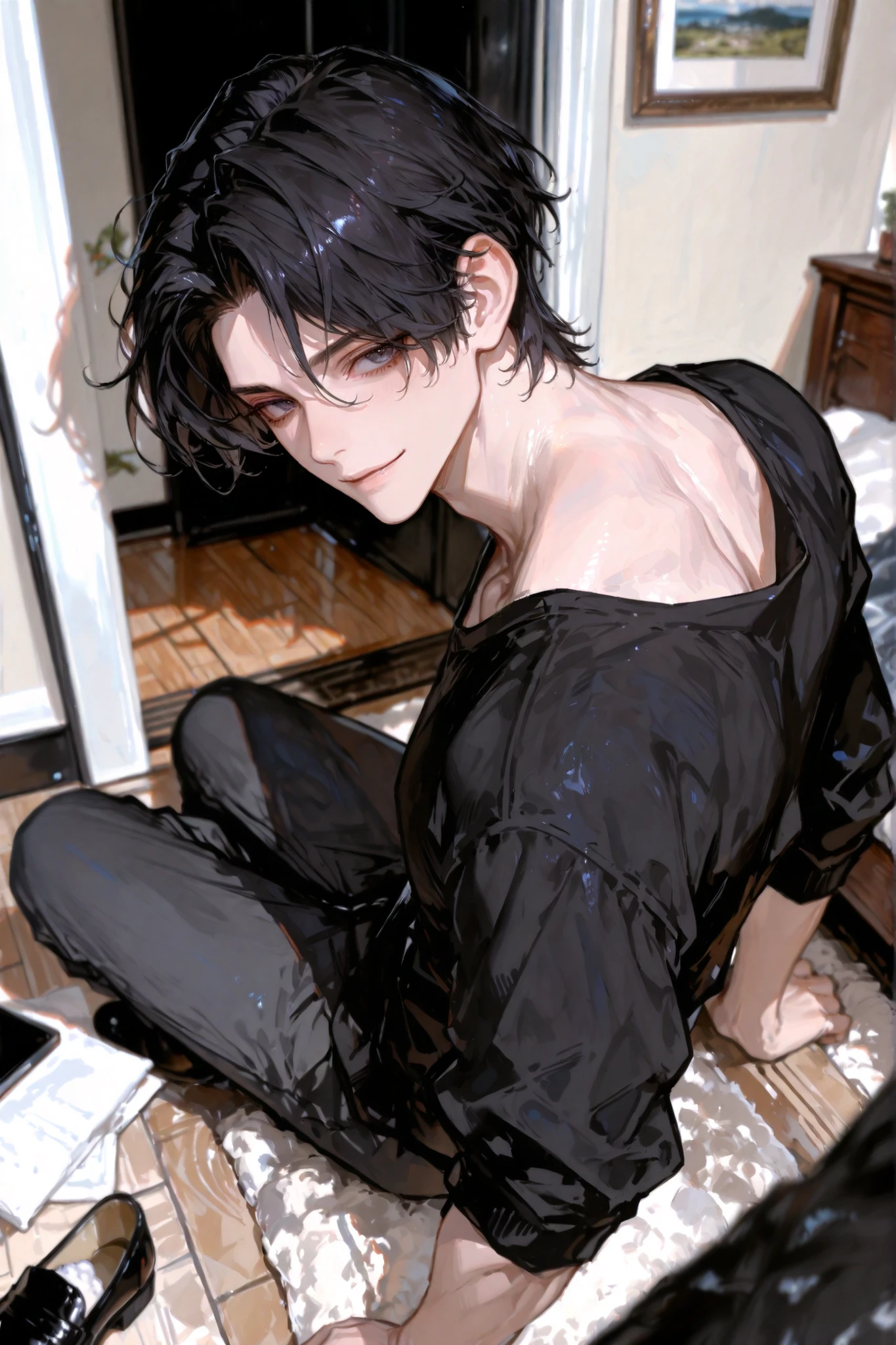 masterpiece, best quality, ultra detailed, (solo man), (male focus), ((young adult man)), ((Oblong face)), ((Square jawline)), black hair, ((hairs between eyes)), ((shoulder length)), ((narrow blue eye)), fair skin, slim weak body, beauty mark, nsfw, wet skin, cum overflow, spread legs, full body