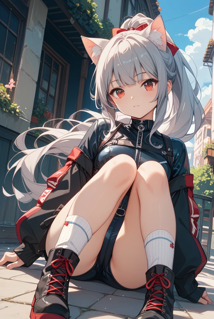 Silver-white waist-length hair, french braid, NS bachelorette, 比基尼, Extreme size differences, sit on the city, the feet下有一辆跑车, (Looming, a giantess, obscured by buildings:1.4), rubble, 废墟, sandals, malicious laughter, Crouching over the city, There is hot air floating around the underwear, 1 girl, Be red in the face, the feet, the feet部焦点, Wearing white stockings on the feet, from below, Perspective painting:1.1)