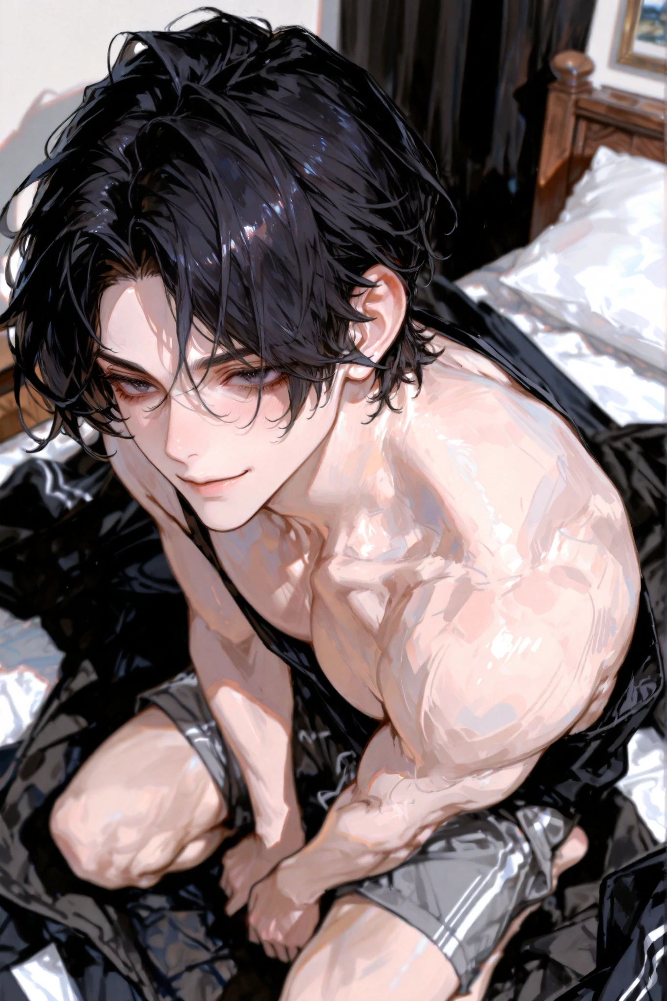 masterpiece, best quality, ultra detailed, (solo man), (male focus), ((Oblong face)), ((Square jawline)), black hair, ((hairs between eyes)), ((shoulder length)), ((narrow blue eye)), fair skin, skinny body, beauty mark, nsfw, wet skin, lie down on bed, from above, spread legs, cum