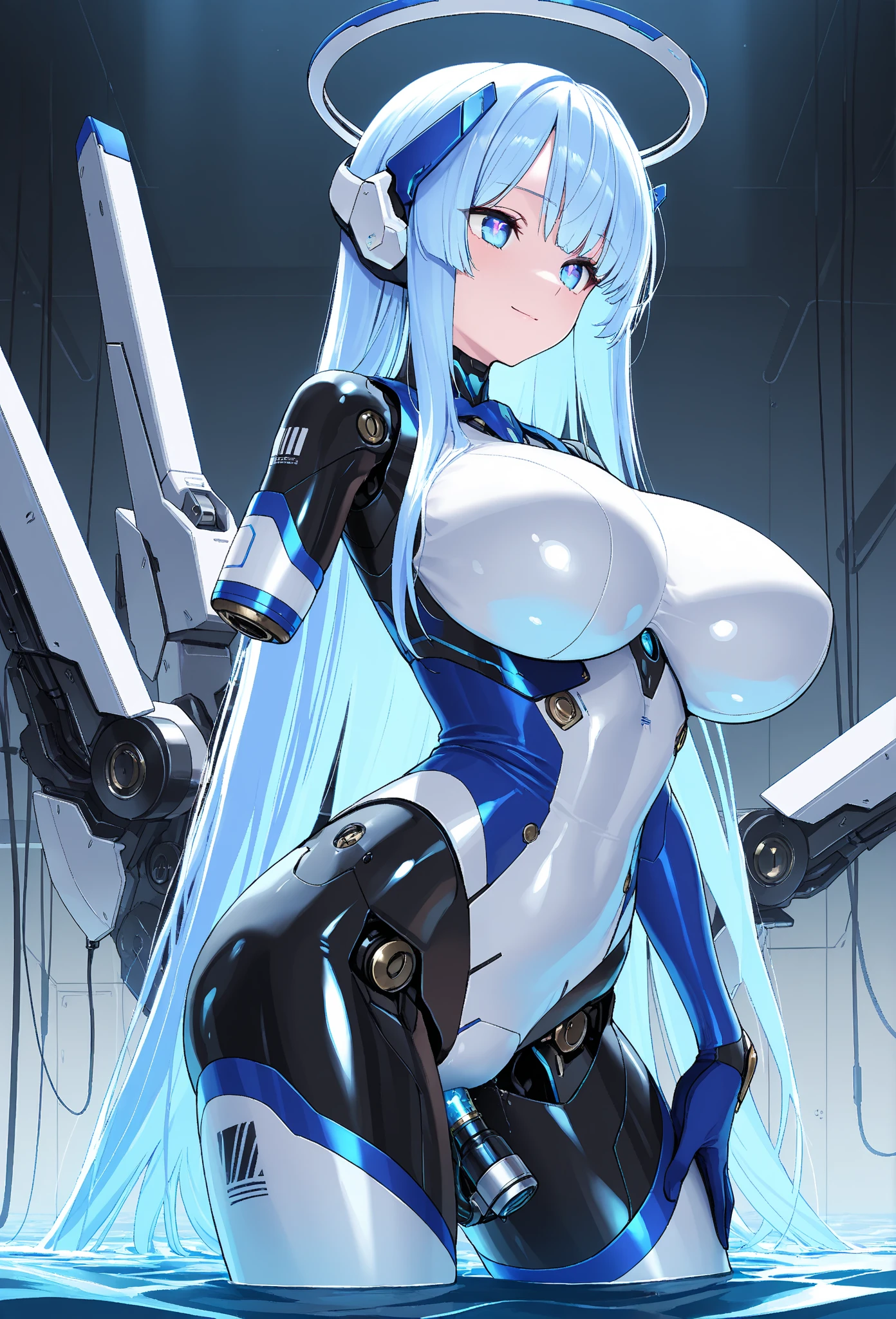4k,High resolution,one woman,blue hair,long hair,big breasts,Princess,White light blue tight cyber suit,Princessのドレス,jewelry embellishments,Princessのティアラ,city of the future