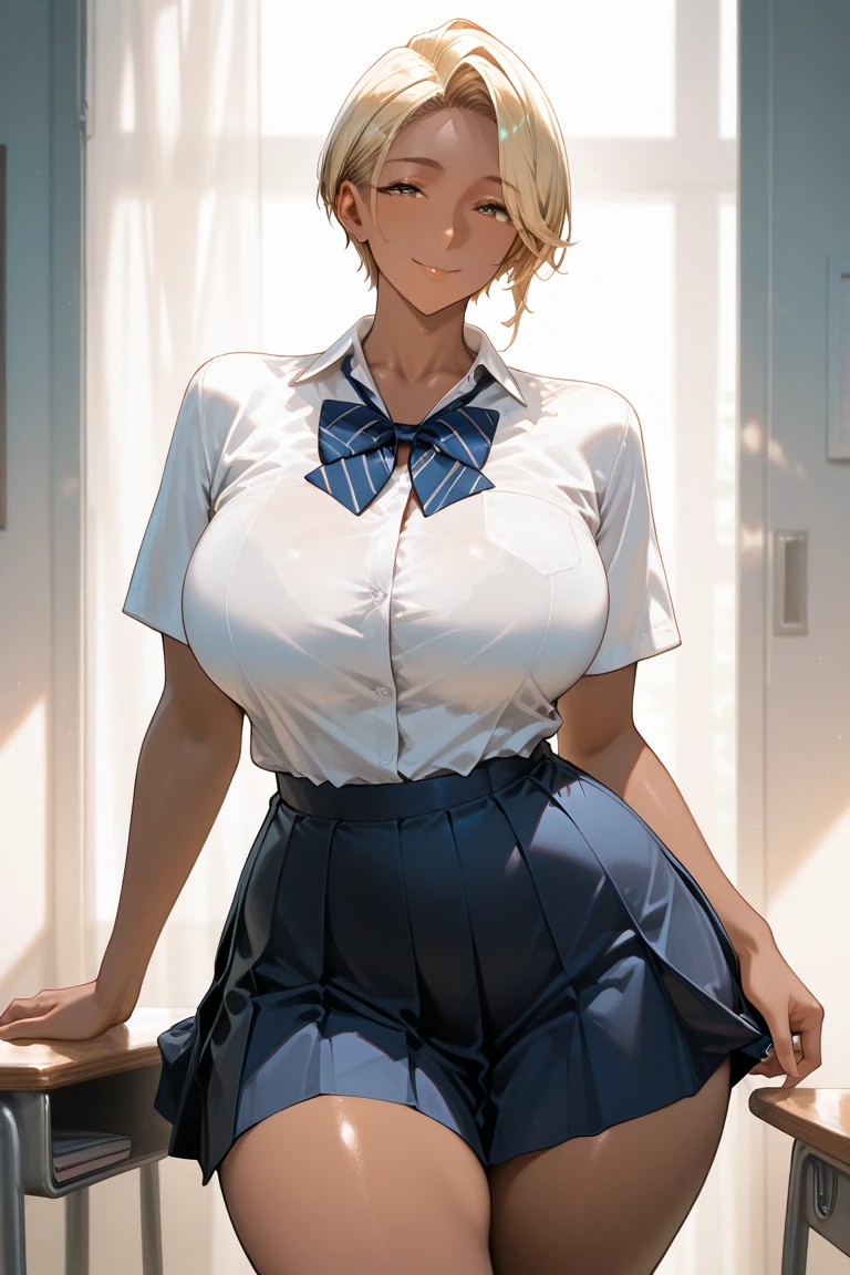 japanese girl、18 year old girl、pull short hair、blonde hair、bangs whorl、perfect figure、Transparent processing、luster、With gloss、modest chest、school uniform、Navy blue ribbon、white shirt、navy blue skirt、(In the classroom)、Beautiful feet、strong sunlight、Obscene、((Rain-drenched body、I can see wet white panties))、erotic、big breasts、thighs、