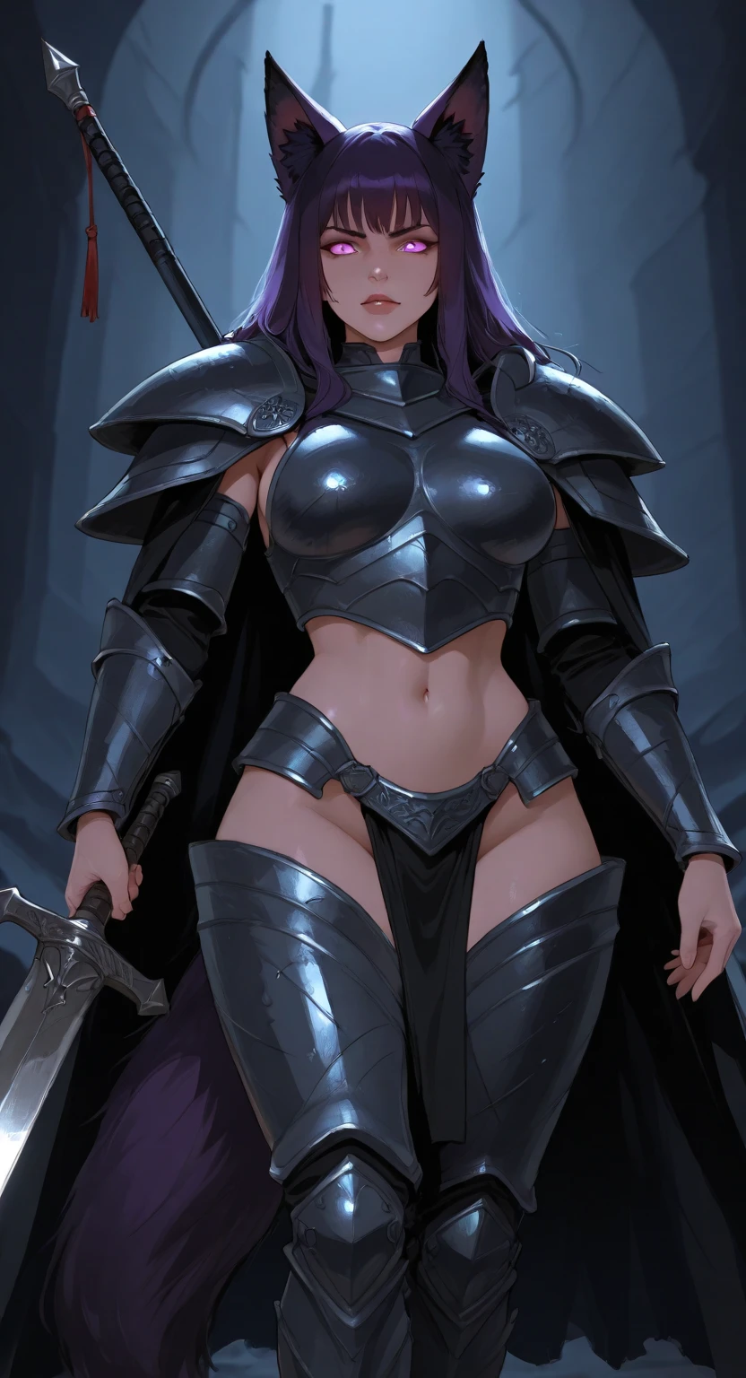 (masterpiece, best quality, high resolution, ((full body standing)), ((huge breasts)) 1 mature woman, sensual body, evil black fantasy paladin armor, skull mask covering her face, big sword with black spikes in the right hand, imposing posture.
