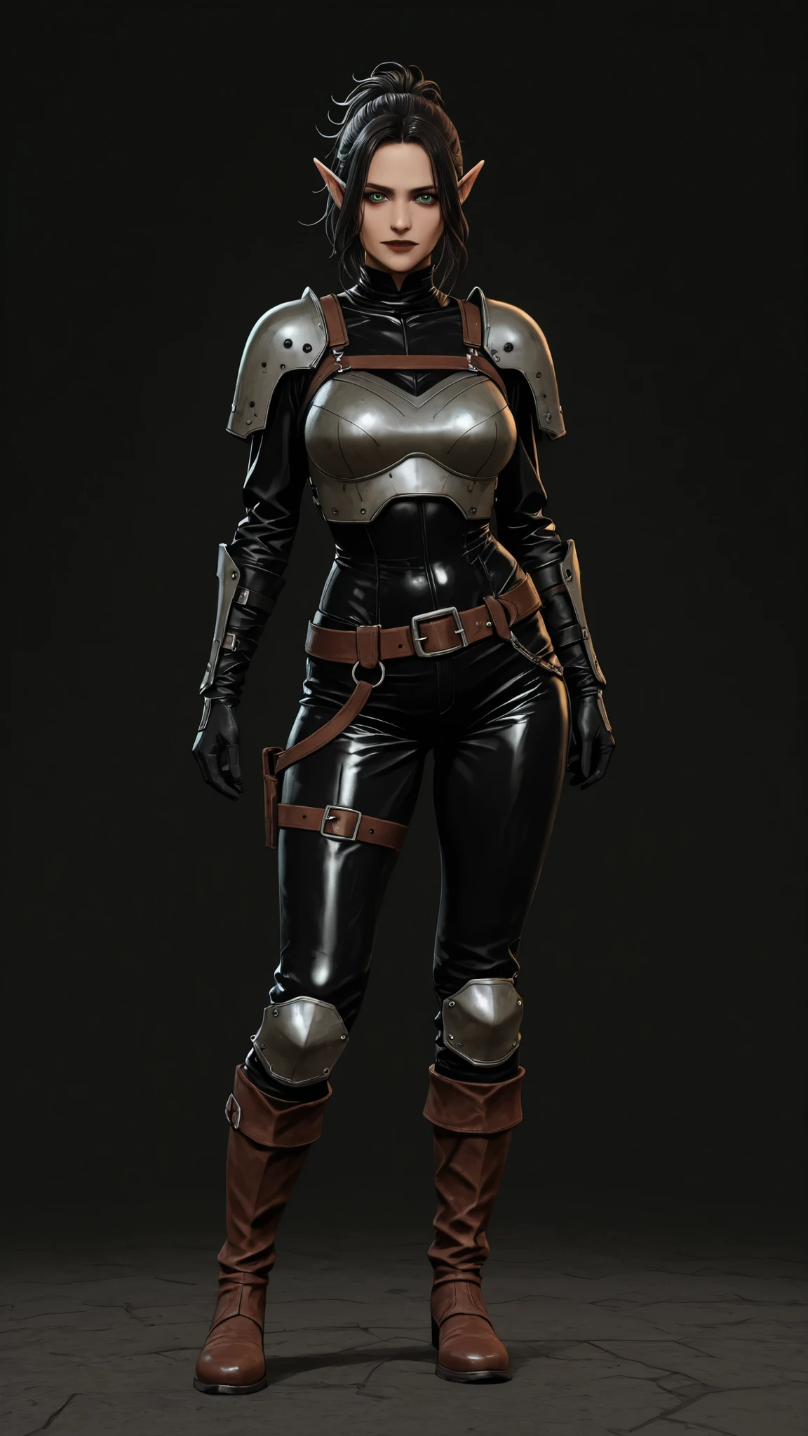 A character reference concept art in a realistic high contrast lighting with dark gothic atmosphere style in a frontale view full body shot standing in A-pose with simple dark background. The character is a female elf ranger, fit curvy body shape busty and mature body, medium hight, 170 cm, black medium hair with bangs and ponytail in messy hairstyle,green eyes expressing seduction and lust, wearing brown leather straps light armor, iron breastplates and plaudrond over leather bodysuit, leather boots, black leather pants
