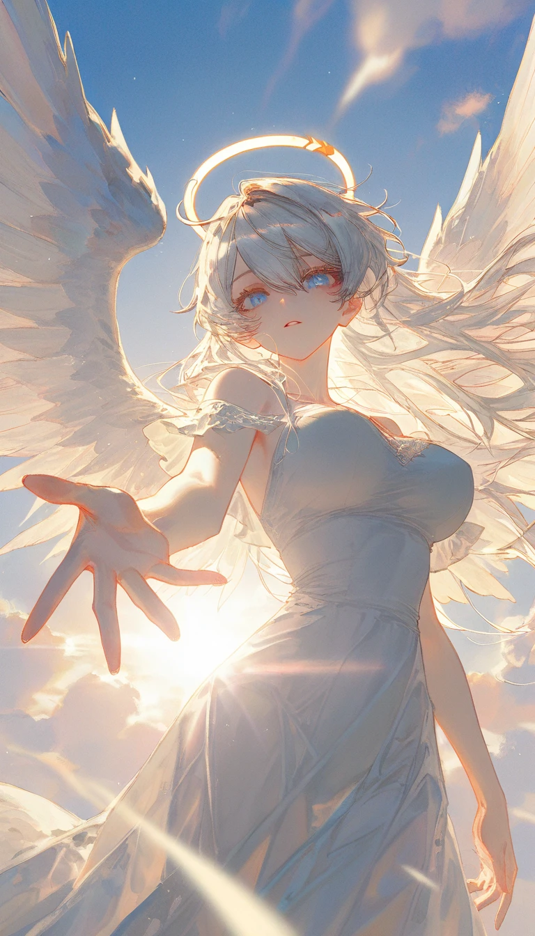 (Sumilux f1.4 24mm , low Latitude old color negative film , cross process , bokeh, flare, chromatic aberration , soft focus, (Shallow focus) , soft glow , Maximum aperture, High Key , Transparent depiction) , Wide angle , anime Harpy girl , kawaii round face , skinny body , Loose-fitting Halter neck , Many feathers fluttering down , clothed erotica , Opera singer pose , on the The peak of the rock , Strong winds , Cloaca , White excrement comes out