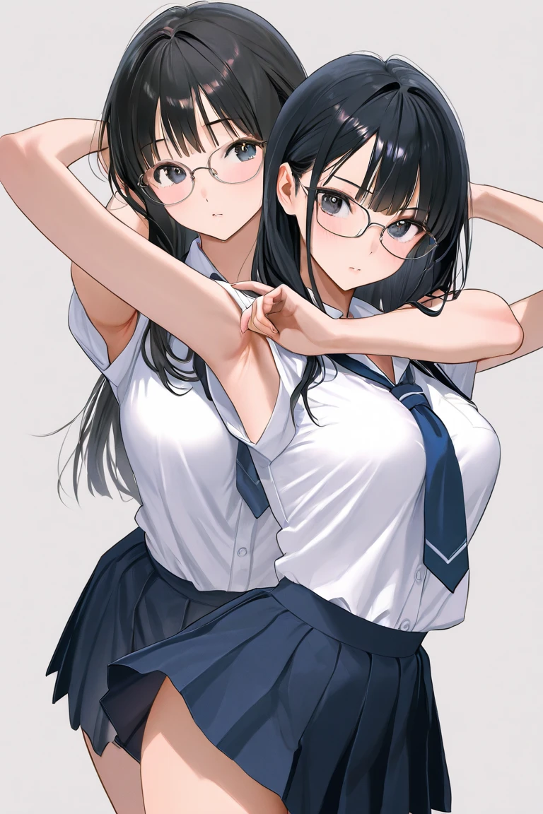ultra-detailliert, Best Quality, High resolution, ((Two cute little girls with big faces and black hair.))、Pretty eyes、Detailed eye depiction、Eye sparkle、Sareme、Looking at Viewer, pale skin、(((Petite))), 　（Naked sailor suit）、(flat chest), (big glasses), (blush:1.2), （big eye：1.5）, Shy smile, NSFW,　in class room, Focus on the face, Long hair,　The upper part of the body、from side