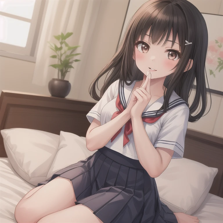 A female student in a sailor uniform who is unwell in the nurse&#39;s office(masterpiece, best quality:1.2),illustration,8K,HD,1girl,独奏,upper body,(portrait:1.2),brown_hair,folded_ponytail,brown_eyes,serafuku,long_hair,school_uniform,skirt,pleated_skirt,