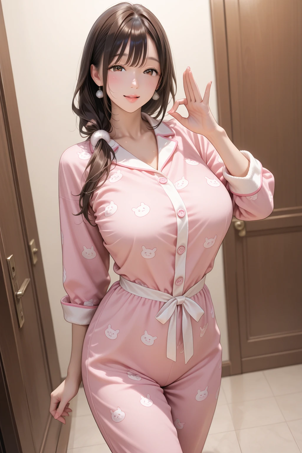1girl,perfect ,black hair, long hair, (hair over one eye:1.4), messy hair, hair between eyes, plump, chubby,fat, saggy breast, cute motif pajama, cute shy blush on , bedroom