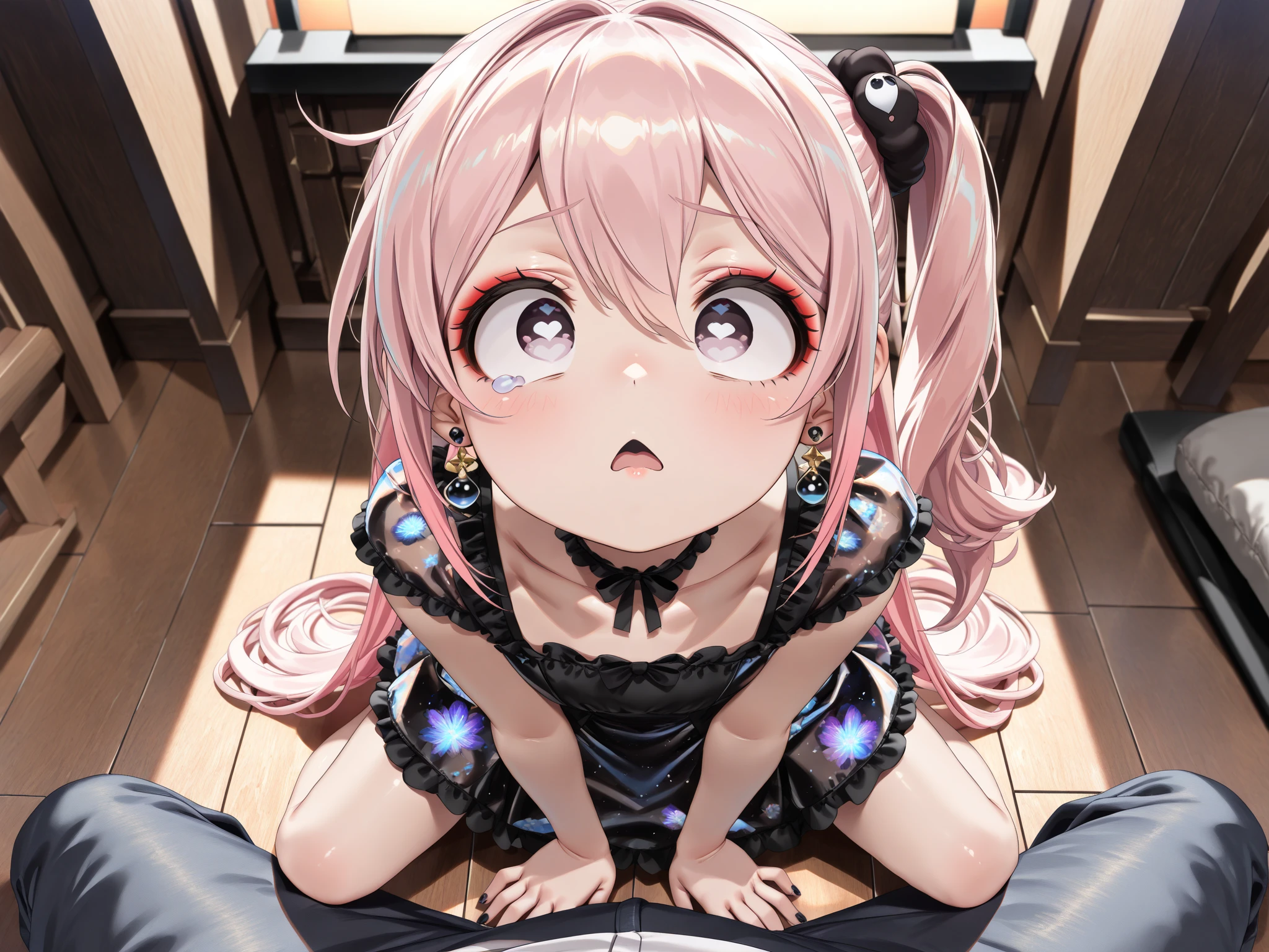One Girl, Glowing Skin, 最high quality, (Game CG:1.4), Browsing Caution, Beautiful face and eyes in every detail、Tiny Lingerie, strict, ample breasts、((最high quality)), (Very detailed), (Very detailed CG 統合 8k 壁紙), Very detailed, High resolutionのRAWカラー写真, Professional photography,From below, ((Embarrassed face)))、(((Anguished expression)))、Glare, anger、 Full Shot、 最high quality, masterpiece:1.5), (Realistic, 私ntricate details:1.2), 超High resolution, (high quality, High resolution, Finer details), alone, Curvy Women, blush, Sweat, Oily skin, Shallow depth of field,(masterpiece、最high quality、High resolution、unity 8k wallpaper、Very detailedCG:1)、(Consciousness upward:1.0)、One Girl、最high quality、8Kmasterpiece、((software)), (18-year-old female, Beautiful detailed woman, ,(Micro Mini Skirt), ((With a shy look:1.5)), Hard nipples, Narrow waist, , Ultra mini skirt, ((Black Pantyhose)),Looking down,blue eyes, hair ornaments, Hair Ribbon,Show your forehead、Twin tails、Random colored see-through uniform、Lace choker, short hair,,No bra,,Very detailedな肌, Realistic texture、Very detailedな顔, (Beautiful Fine Eyes, ,The girl has a toned figure., 大量のSweatをかく、Sweatで濡れた髪、Sweatで透ける服、Sweatだく、目立つSweat、Sweatでぬれた髪、Athlete System、Cherry blossoms fluttering down、Silver Hair、Night cityscape。Reflection of light、moonlight