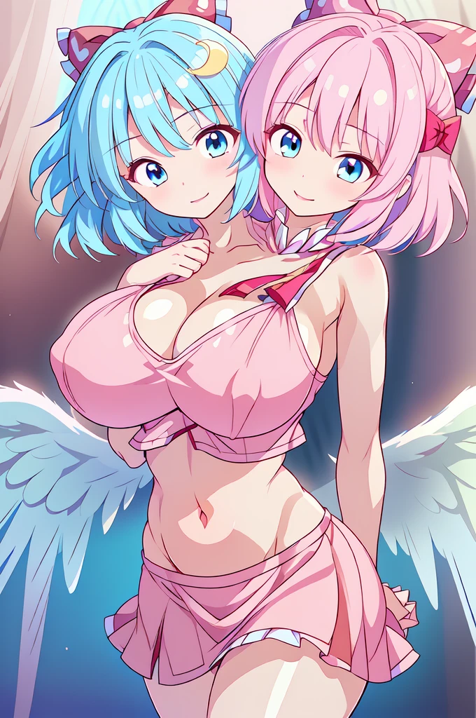 (masterpiece, best quality), best quality, (ultra-detailed), (3heads:1.5), 1girl, (mai:1.3), masterpiece, best quality, ultra quality, ultra resolution, ultra detail, light pink top, crop top, ((stomach)), midriff, ((groin)), light pink skirt, normal ears, shackles, blue hair, very long hair, wavy hair, pigtails, light-blue eyes, parted lips, detailed eyes, sweat, cute, toned belly, hand on own chest, eyelashes, (24 year old woman:1.3), (masterpiece:1.5), (best quality:1.5), (beautiful detailed), extremely detailed CG, extremely delicate and beautiful, depth of field, (finely detailed face), (perfect details:1.2), (mature female:1.3), wide pelvis, slender, large veiny breast, 16k resolution, highres, very high quality, very high definition, extremely detailed, masterpiece, blue hair, long hair, alluring presence, braid, short skirt, close up, big tits, young, light pink bow in her hair, small light pink wings, girl with three heads,
