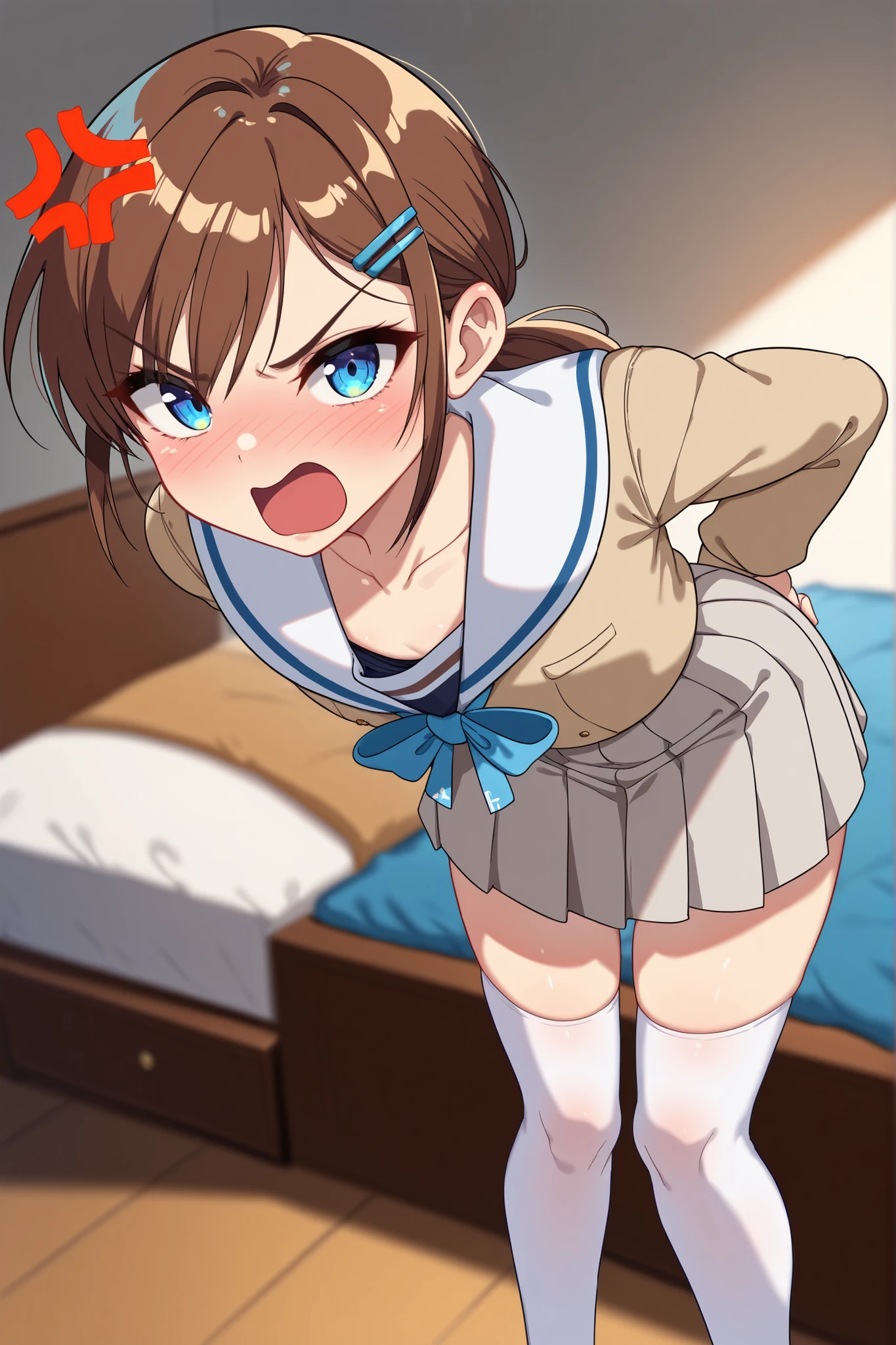 a high-quality digital drawing, clean and sharp details, anatomically correct, ((vibrant colors)), 1girl, ((cinematic lighting)), (masterpiece), (8k quality), (top rated on pixiv), (cutiepie), sfw, (moe), (open mouth),
break,
((short round face)), ((large, detailed and virant blue eyes)), naturally curved eyelashes, small and subtly defined nose, ((slim build)), (fair skin),
break,
((long brown hair)), (low ponytail), (natural waves), smooth bangs, (blue hairpin),
break,
((outfit: japanese middle school winter uniform)), ((gray pleated skirt)), (white thigh-high socks), ((chest 24 inches)), ((waist 19 inches)), ((hips 22 inches)),
break,
((leaning forward)), ((looking at viewer)), ((heavy blush)), ((angry expression)), ((angry vein)), ((detailed japanese bedroom)), (depth of field), ((from above))