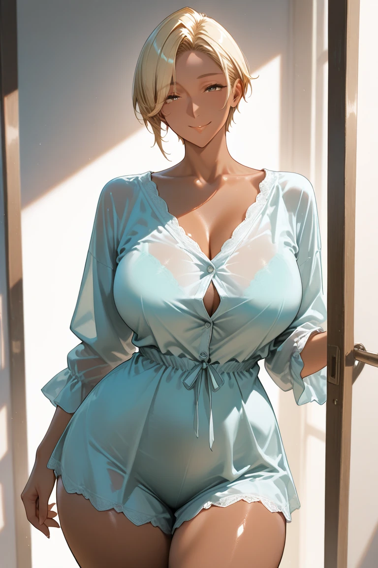 (Highest quality, High resolution, Realistic), Portraiture, Elegant mature woman, blue eyes, blonde, Large Breasts, High resolution CG 8k, Beautiful CG, Soft Light, See-through,Transparent nipples、Sheer,nsfw