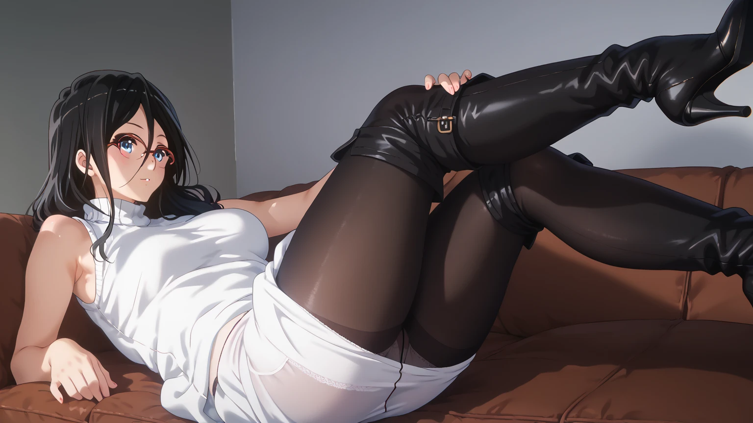 2 heads,Photo of a 50-year-old woman with brown hair, a captivating gaze, Brown eyes, Wrinkles on her face, Black pantyhose,Black High Heel Boots,She wears very sexy lingerie underwear、、Revealing her large sagging breasts, Light makeup and red lips. 32K