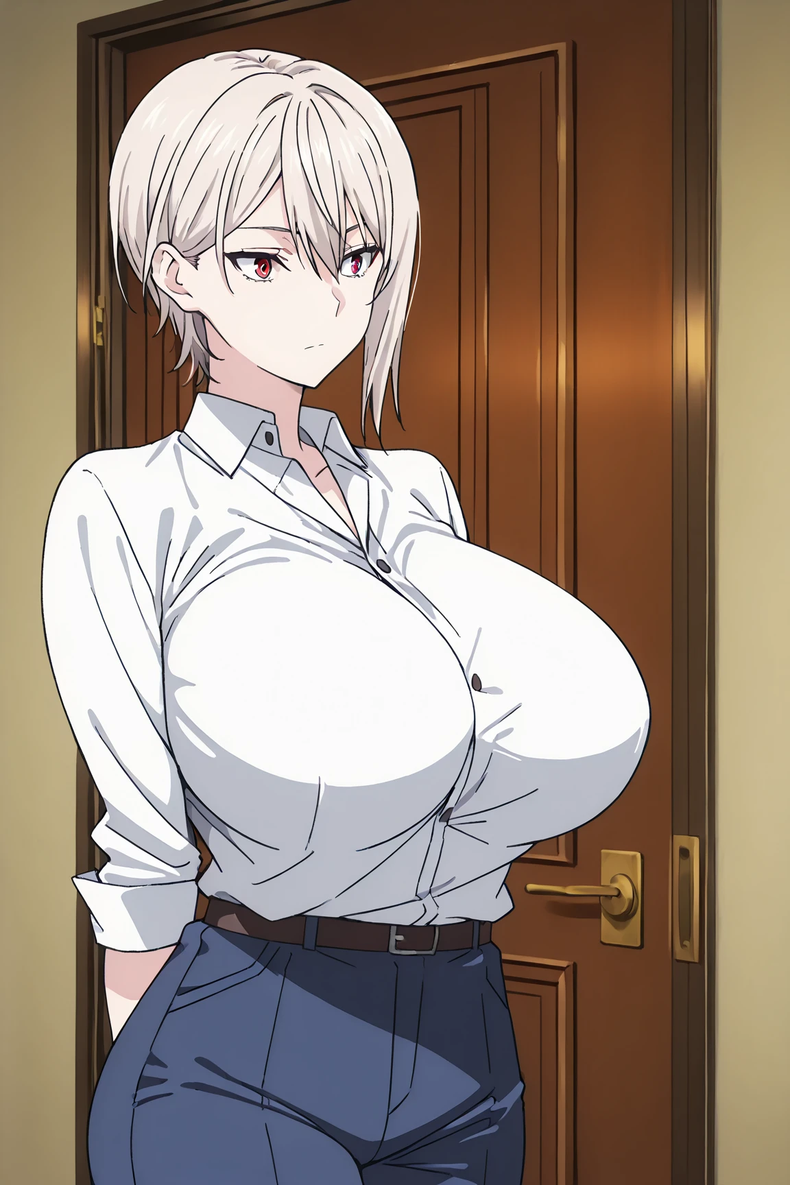 score_9, score_8_up, score_7_up, 1girl, looking at viewer, wedding gown, standing wedding, indoors, hellsing, blonde, red eyes, huge breasts, rating:safe, sfw, closeup, solo, abs, narrow waist, tiny waist, mature female, smile,  ikuchan, Masquerade mask, necklace, 1boy, dark skinned male, size difference, huge male, faceless male, kissing