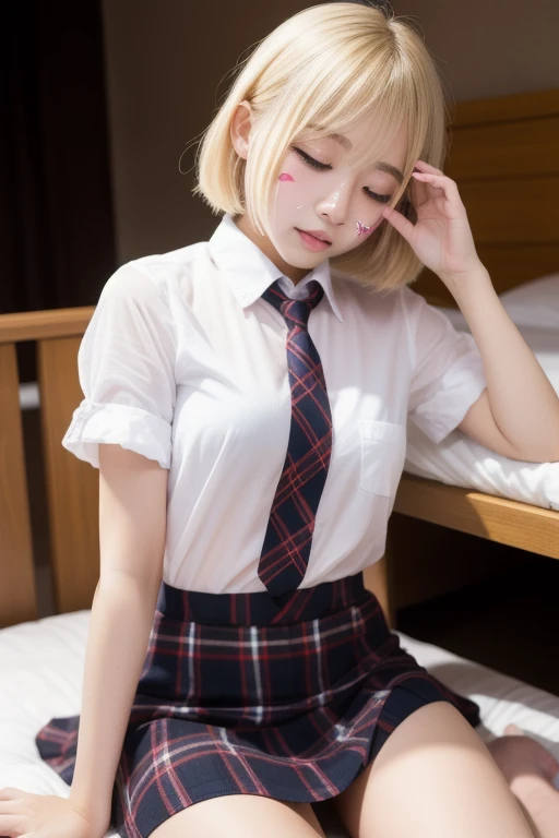 Round ass、No underwear、Get on all fours on the bed、Penis near vagina、Pussy juice、Insert、nsfw、Sex 、25 year old mature woman、Blonde straight hair、White collared shirt、Pleated skirt、Ahegao、I'm drooling、Penis near the mouth 、Blowjob、((Two men))、POV