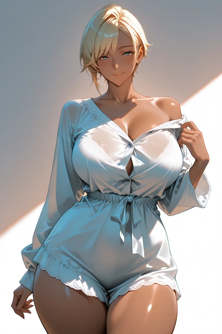 (High resolution）、(Skin Texture:1.4)、(Dark Skin:1.75)、(Average busty slim girl:1.38)、(Mischievous Smile:1.4)、(Looking at the camera:1.5)、(make:1.16)、(eyeliner、mascara、False eyelashes)、(Sexy light blue crop top henley shirt:1.15),(White slip dress:1.25)、（Platform boots),(Blonde asymmetrical buzz cut hairstyle）、at home
