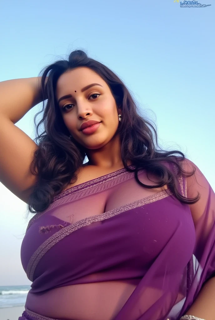 Anushka Shetty, curvy, British, 20s, catholic nun, black panties, tender cleavage 5%, wide hip, at beach, happy, laying at beach on her back, front view, happy, smile