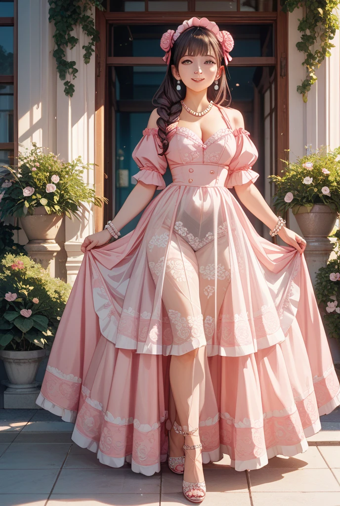 ((Best quality at best)), ((The best masterpieces)), ((Extremely beautiful)), ((closeup cleavage)), ((4k画质)), ((Full body photo)), ((Delicate facial features)), ((Normal proportions)), ((ssmile)), ((Refreshing background)), ((Clear lines)), ((Pink hair))