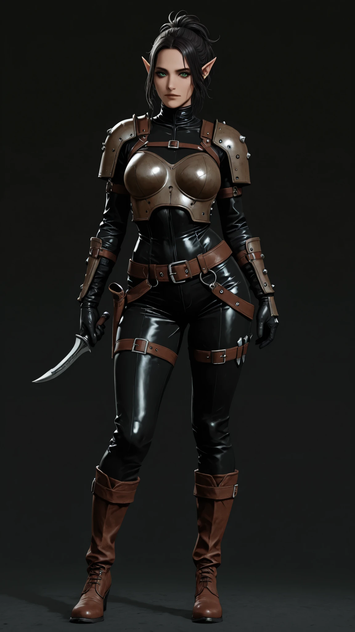 A character reference concept art in a realistic high contrast lighting with dark gothic atmosphere style in a frontale view full body shot standing in A-pose with simple dark background. The character is a female elf ranger, fit curvy body shape busty and mature body, medium hight, 170 cm, black medium hair with bangs and ponytail in messy hairstyle,green eyes expressing seduction and lust, wearing brown leather straps light armor, iron breastplates and plaudrond over leather bodysuit, leather boots, black leather pants holding a dagger in one hand