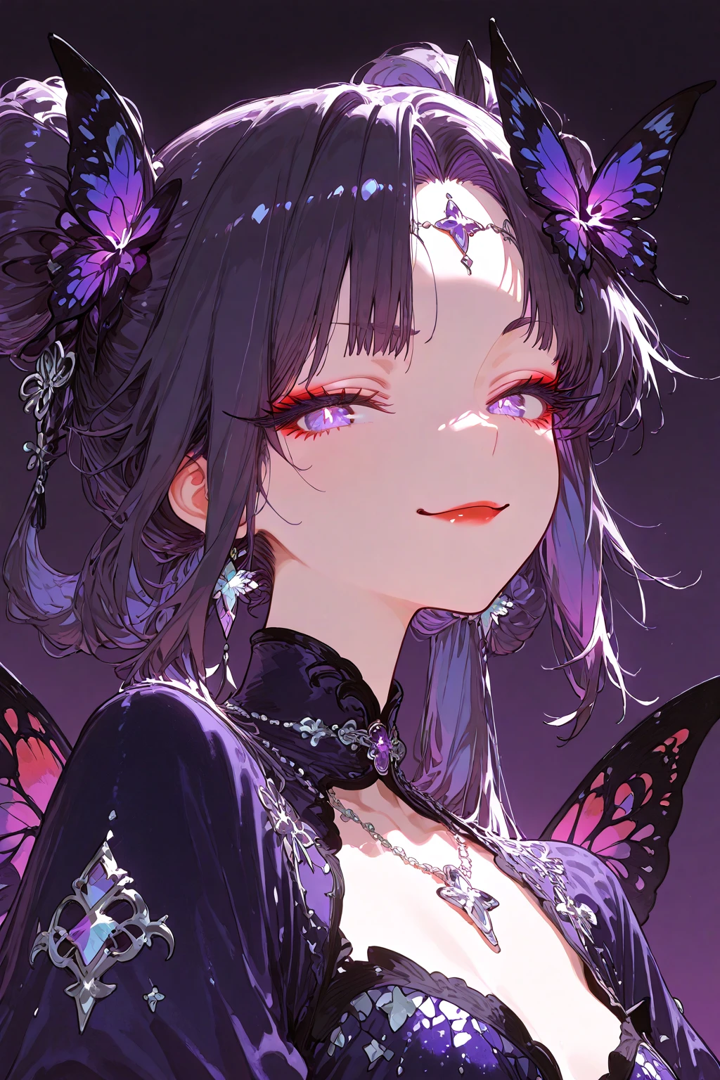 high details, best quality, 16k, RAW, [best detailed], masterpiece, best quality, (extremely detailed), full body, ultra wide shot, photorealistic, dark fantasy art, goth art, RPG art, D&D art, a picture of a dark female fairy resting in a flower meadow, extremely beautiful fairy, ultra feminine (intense details, Masterpiece, best quality), best detailed face (intense details, Masterpiece, best quality), having wide butterfly wings butterfly_wings, spread butterfly wings (intense details, Masterpiece, best quality: 1.3), (purple: 1.5) colors wings (intense details, Masterpiece, best quality), (dark red) hair, long hair, shinning hair, flowing hair, shy smile, innocent smile, (blue: 1.3) eyes, dark blue lips, wearing (white: 1.3) dress latex corset (intense details, Masterpiece, best quality), dynamic elegant shirt, chocker, wearing (red: 1.3) high heels, in various shades of red colored flower meadow (intense details, Masterpiece, best quality), (red flowers: 1.2) , (black flowers: 1.2), (white flowers: 1.2), (blue flowers: 1.3) [extreme many flowers] (intense details, Masterpiece, best quality), dark colorful flowers (intense details, Masterpiece, best quality), flower meadow in a dark goth field background, night time, moon rising, dim light, cinematic light, High Detail, Ultra High Quality, High Resolution, 16K Resolution, Ultra HD Pictures, 3D rendering Ultra Realistic, Clear Details, Realistic Detail, Ultra High Definition, #chinese cloth, dungeons and dragons, DonMDr4g0nXL