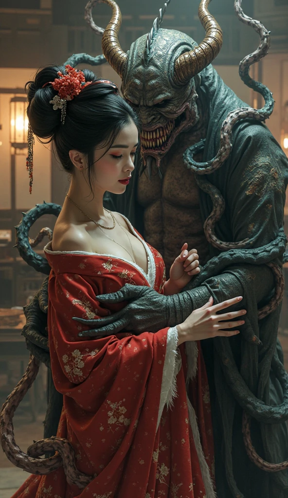Land of Rakshasa、Japan、An evil magistrate attacks a woman in his mansion.、On the futon、bedding、(A thin, pale-skinned young woman), The merciless demons、Hell on Earth、Dark Clouds、A cruel world where people are no longer people, Unusual painting style、Oblique composition、Bird's-eye view、(A demon attacks a fleeing woman)、Masterpiece Best Quality、Photorealistic portrait photography, Photorealistic shiny skin, Japanのホラー