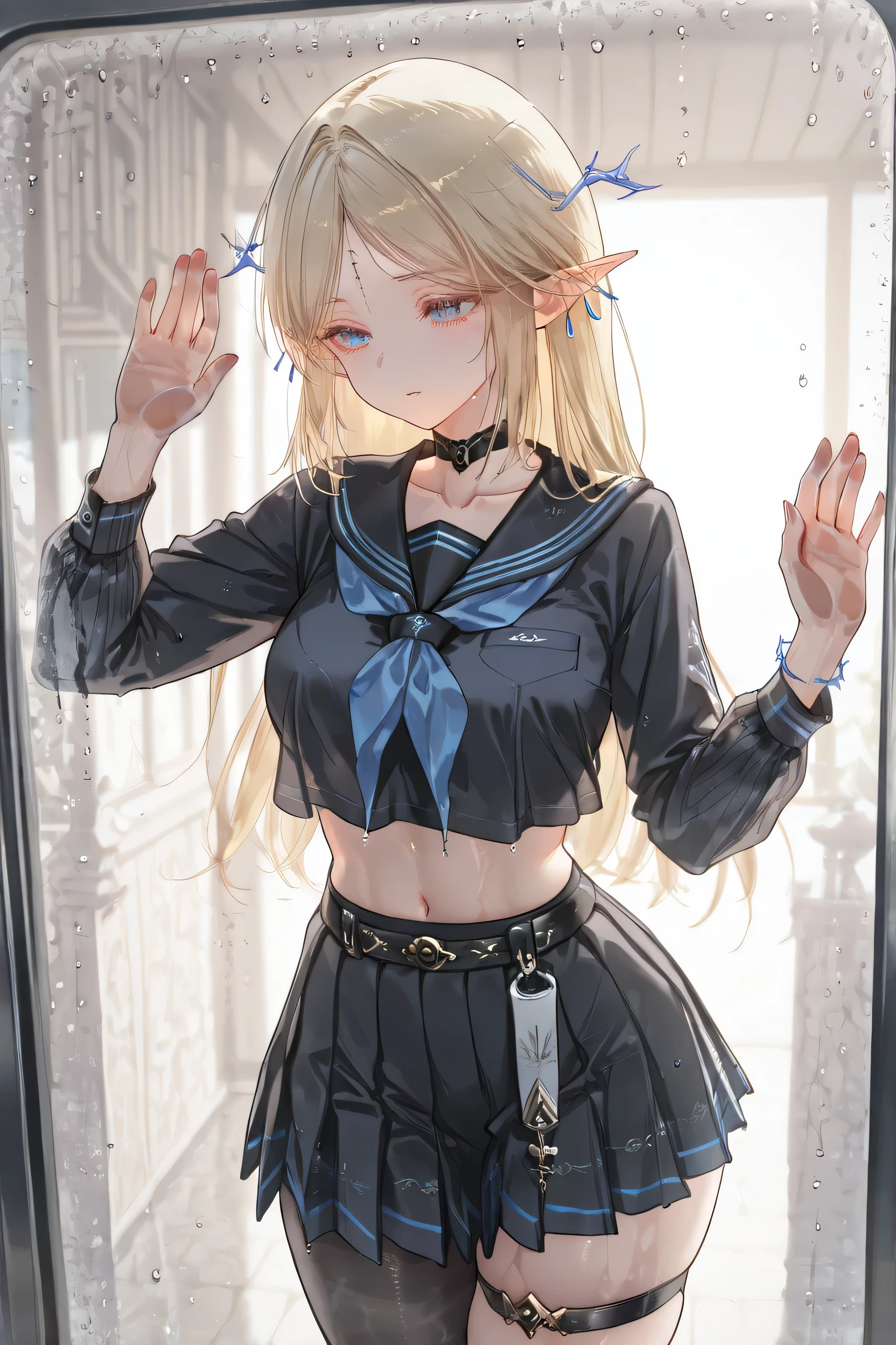 score_9, score_8_up, score_7_up, masterpiece, best quality, very aesthetic, absurdres, tunning image, attractive image, solo, 1girl, adult grown woman, cartethyia \(wuthering waves\), blue eyes, blonde hair, pointy ears, long hair, jewelry, dress, elf, masterpiece,best quality,amazing quality, pottsnesssdxl, 5 fingers, nail, alternate costume, bodysuit, japanese armor, kote, loincloth, ribbed sleeves, tabard, toned, armor, belt, choker, collarbone, navel, stomach, swimsuit, thighs, black sailor collar, black serafuku, black shirt, collarbone, crop top, crop top overhang, cropped shirt, long skirt, midriff, navel, neckerchief, pleated skirt, blue neckerchief, sailor collar, school uniform, serafuku, shirt, short skirt, thigh strap, single leg pantyhose, condensation, hand on glass, blurry, water drop