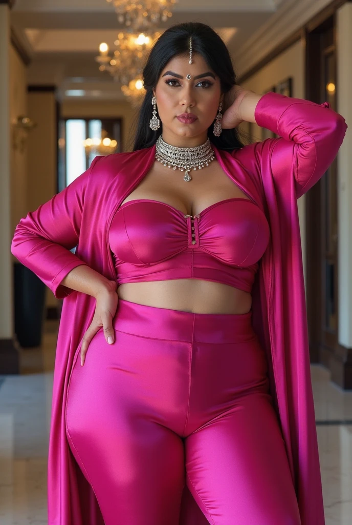 Noughty Queen Vidya Balan: Sultry Plus size exhibitionist amorous lady with huge breasts: liquid satin, known for its smooth, glossy texture. Color: A soft pink hue adds elegance. Design Elements: Skirt: The knee-length dress features a layered, ruffled skirt that adds volume and texture. Bodice: The fitted bodice has ruffle details at the edges, enhancing its feminine aesthetic. Sleeves: Sheer, puffed sleeves with ruffled hems contribute to the overall opulence. Waist: A bow cinches the waistline, adding intricate detailing. Accessories: Matching pink wrist cuffs, choker, and headwear complete the ensemble. Stockings: White stockings with pink bows echo the dress’s color scheme. Imagine stepping into a fantastical world, embodying your favorite character. 🌟🎭