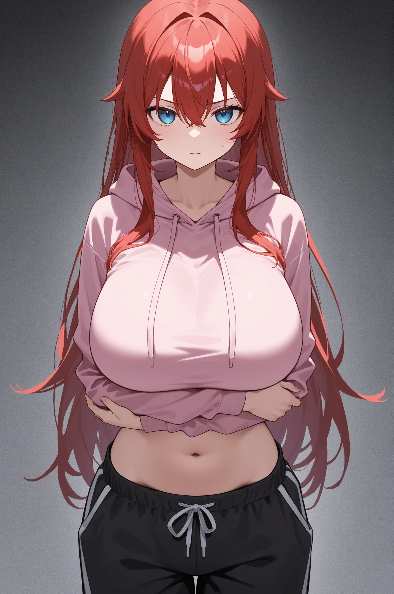saturated red hair, Princess Hair, very long twintails, large full breasts, Glossy skin,  Pink lips, Peach-colored cheeks, Blue eyes, Golden earrings, With weapons, cosmic space, Rin々Shishi Face, A slight smil, Black jacket, white shirt inside jacket, Navel is visible, Facing up, black underwear, no pants 
